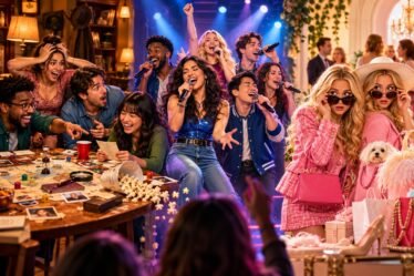 Cena divertida com jogo de mistério, apresentação musical e mulheres estilosas em referência a filmes para quando quiser rir