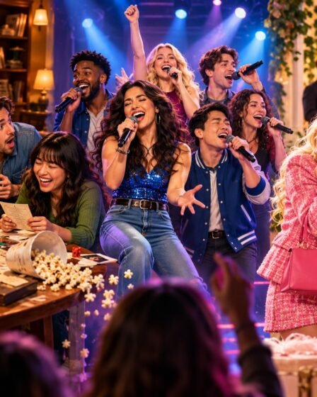 Cena divertida com jogo de mistério, apresentação musical e mulheres estilosas em referência a filmes para quando quiser rir