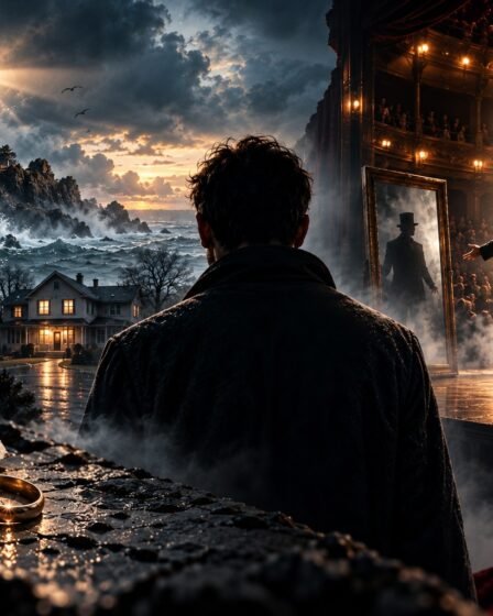 Cena ilustrativa de filmes que surpreendem no final com farol, casa misteriosa, anel e mágico no palco
