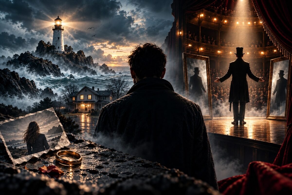 Cena ilustrativa de filmes que surpreendem no final com farol, casa misteriosa, anel e mágico no palco