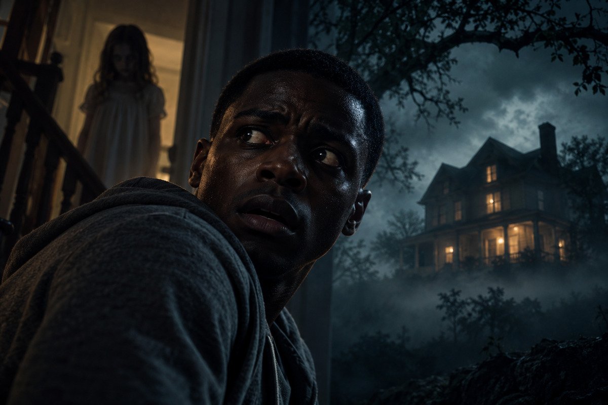 Cena sombria com jovem assustado, figura sobrenatural e casa assombrada em referência a filmes de terror