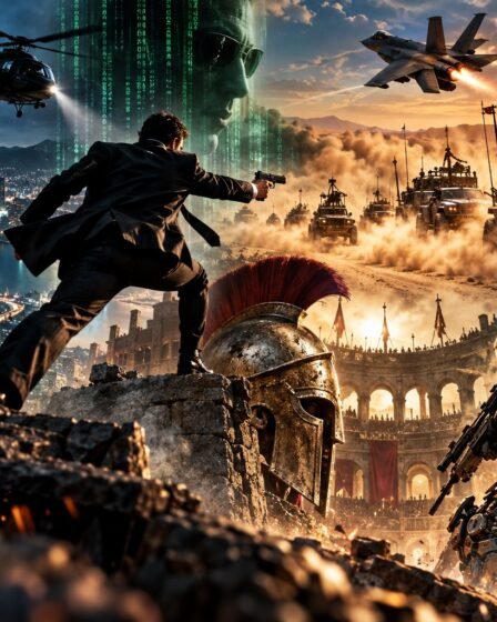 Composição cinematográfica com arranha-céu em chamas, helicóptero, veículos no deserto, jato, arena romana e soldado futurista em referência a filmes de ação marcantes