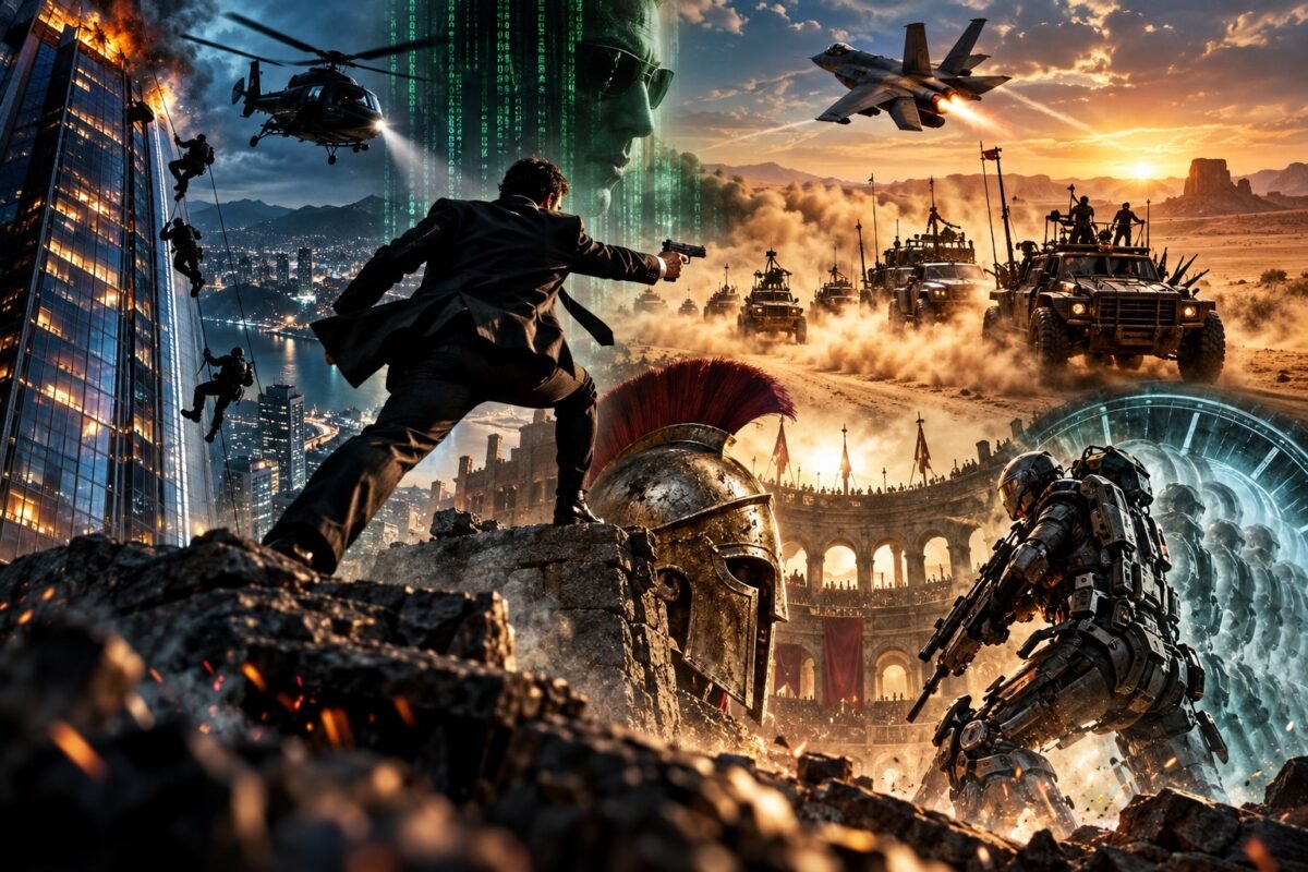 Composição cinematográfica com arranha-céu em chamas, helicóptero, veículos no deserto, jato, arena romana e soldado futurista em referência a filmes de ação marcantes