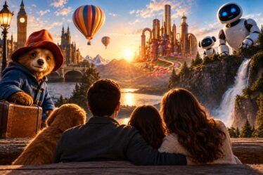 Família diante de um cenário de aventura com referências a Paddington, Mitchells e Wonka