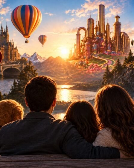 Família diante de um cenário de aventura com referências a Paddington, Mitchells e Wonka