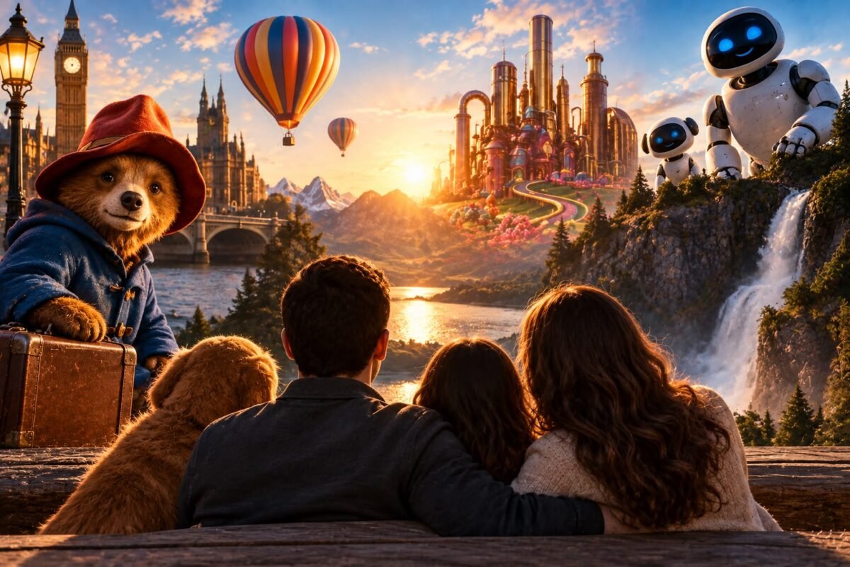 Família diante de um cenário de aventura com referências a Paddington, Mitchells e Wonka