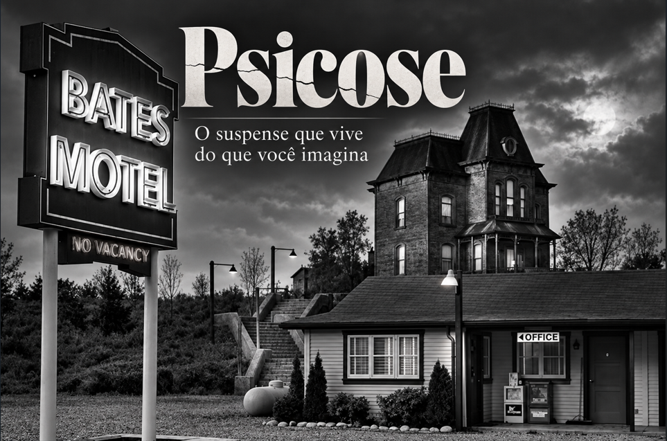 Bates Motel e a casa de Psicose em uma cena clássica de suspense em preto e branco