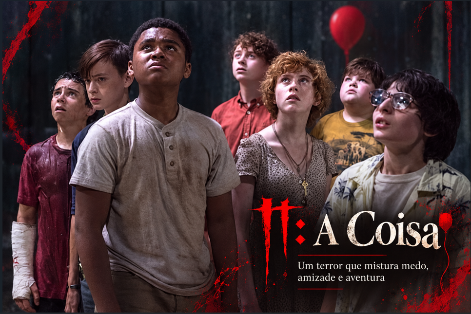 Grupo de jovens de It: A Coisa olhando para cima em uma cena de tensão e amizade