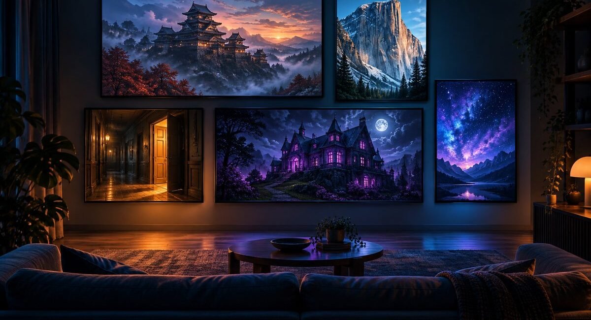 Ilustração de uma sala escura com cinco telas na parede mostrando um castelo japonês, uma montanha de granito, um corredor iluminado, uma mansão gótica e um céu estrelado
