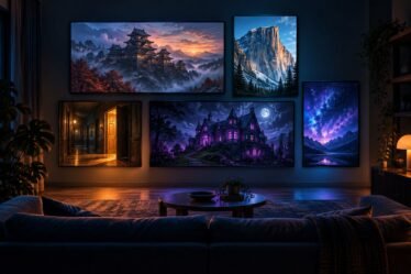 Ilustração de uma sala escura com cinco telas na parede mostrando um castelo japonês, uma montanha de granito, um corredor iluminado, uma mansão gótica e um céu estrelado