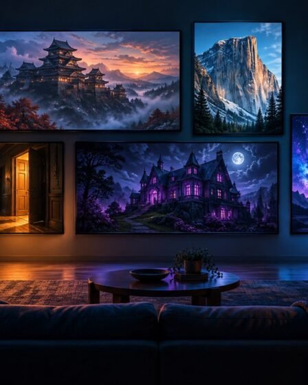 Ilustração de uma sala escura com cinco telas na parede mostrando um castelo japonês, uma montanha de granito, um corredor iluminado, uma mansão gótica e um céu estrelado