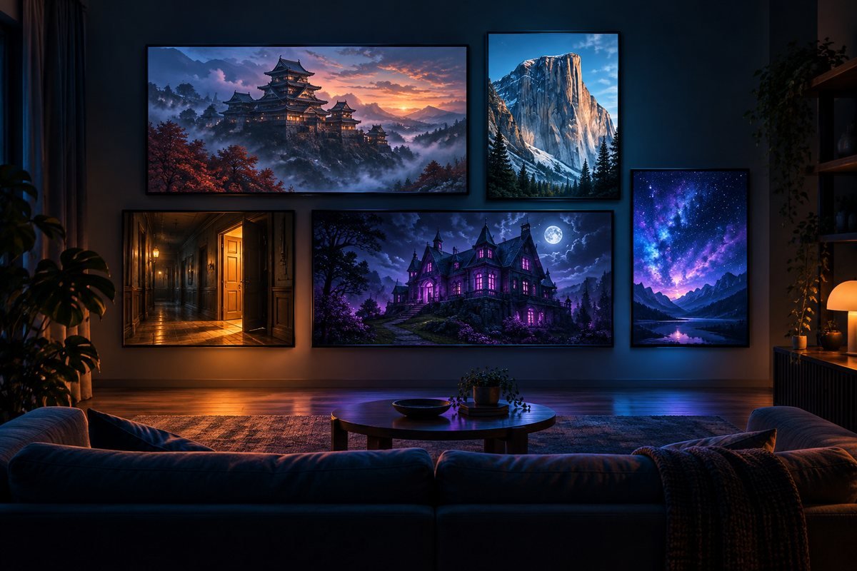 Ilustração de uma sala escura com cinco telas na parede mostrando um castelo japonês, uma montanha de granito, um corredor iluminado, uma mansão gótica e um céu estrelado
