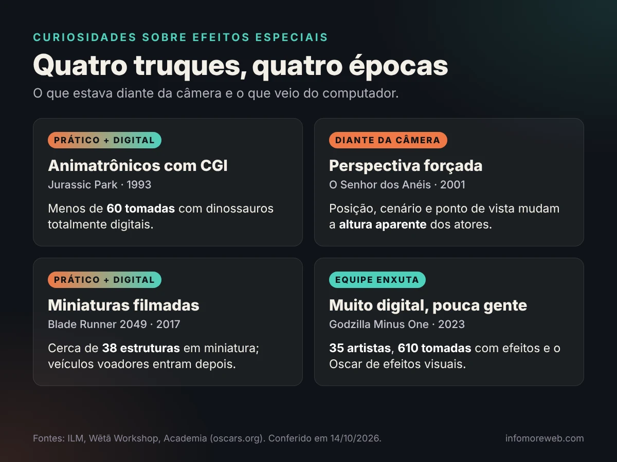 Quatro técnicas de efeitos: animatrônicos com CGI em Jurassic Park, perspectiva forçada em O Senhor dos Anéis, miniaturas em Blade Runner 2049 e a equipe de 35 artistas de Godzilla Minus One
