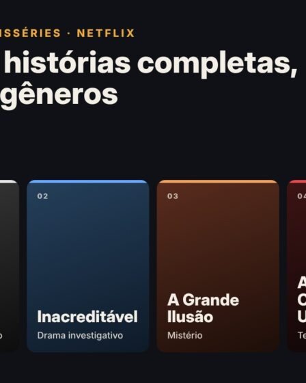 Capa com os títulos RIPLEY, Inacreditável, A Grande Ilusão e A Queda da Casa de Usher, quatro minisséries da Netflix