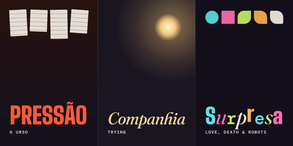 Arte com três atmosferas de séries de episódios curtos: pressão em O Urso, companhia em Trying e surpresa em Love, Death & Robots